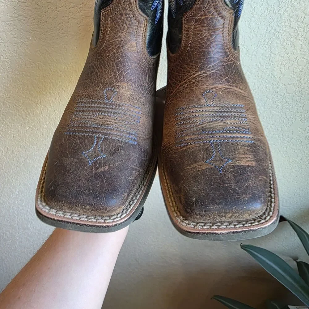 Ariat Big Kids Tombstone Cowboy Boots Square Toe Brown Blue Youth Size 6